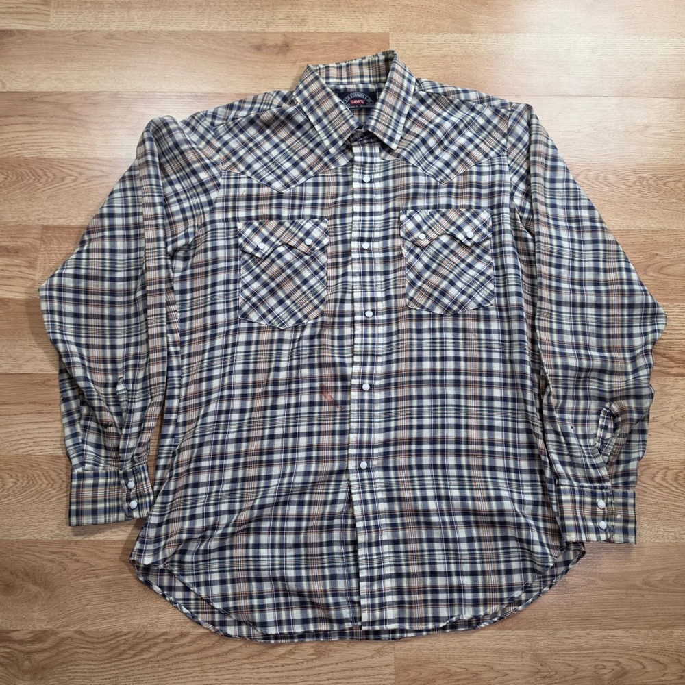 Vintage Levis Western Snap Shirt Mens L Big E Plaid Pearl Snap Sawtooth Blue